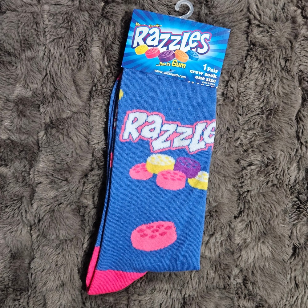 Razzles Candy Novelty Crew Socks Blue Pink One‎ Size Unisex Retro